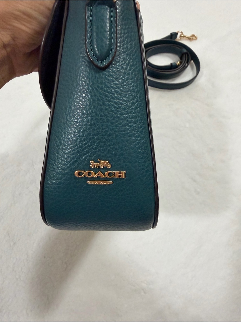 Women's Teal Leather Top-Handle Crossbody Bag - Gold Hardware - Picture 6 of 8